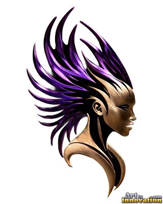 Profile bust of a metallic woman with spiky purple hair against a white space