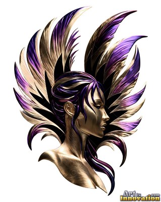 A metallic gold woman facing sideways wears purple winged feathers behind her head