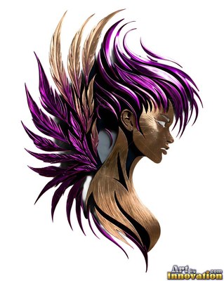 Against a white backdrop, a woman in bronze profile has spiky purple hair