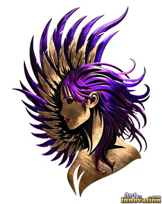Facing sideways, a metal woman has bright purple hair beside spiked bronze feathers