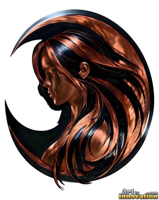 A bronze metal woman shown from the side inside a crescent moon shape