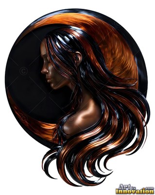Long copper and black hair curls around a metallic woman inside a dark circle crescent