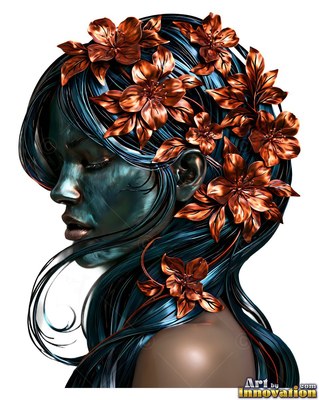 A metallic woman looks down with closed eyes, copper flowers shining in her dark hair