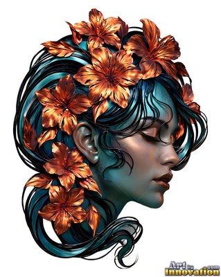 Turned in profile, a woman with closed eyes wears copper lilies on white