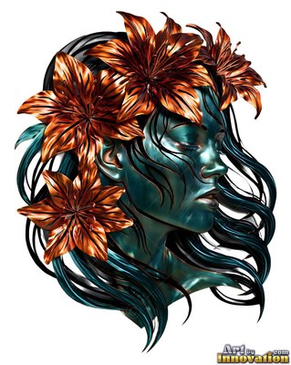 A metallic teal woman with closed eyes wears large copper lilies in her dark hair