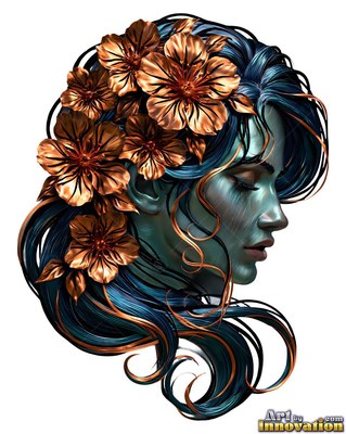 On a clear white space, a metallic woman with dark blue hair wears bronze flowers