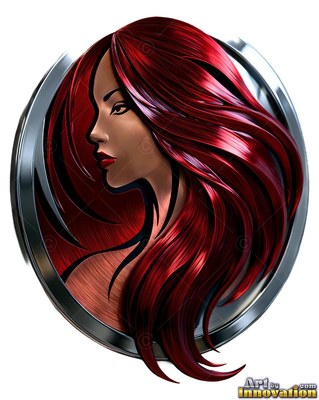 Facing sideways in profile, a woman with long red hair rests inside a silver metallic circle
