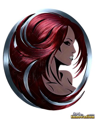 Profile of a woman with red hair framed by brushed metal blades
