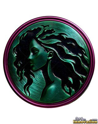 Flowing green hair wraps around a woman facing sideways inside a round purple medallion