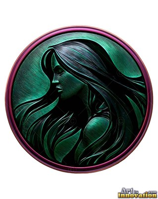 A woman looks to the side in a round medallion, carved in dark green brushed metal