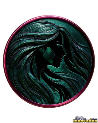 In profile, a woman with flowing dark green hair fills a round metallic frame