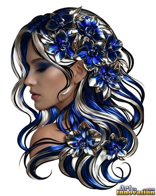 A woman looks down with blue orchids woven into her blue and silver hair