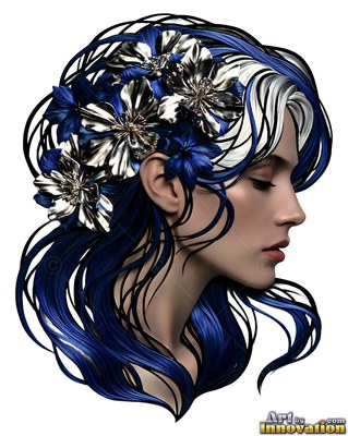Against a clear white space, a woman facing sideways wears silver flowers in her blue hair