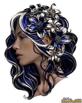 Facing left in profile, a woman wears metallic silver flowers in her blue hair