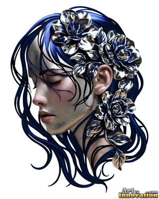 Woman with closed eyes, blue hair, and silver flowers