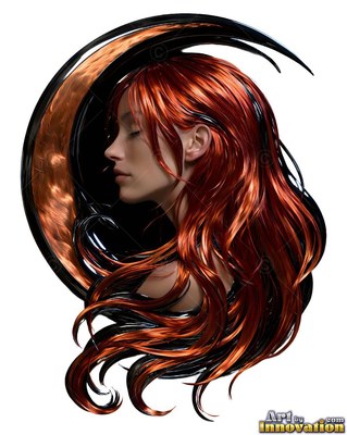 Metallic red hair flows around a woman turned to the side framed by a crescent moon