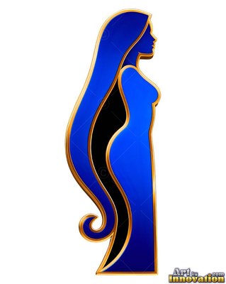 A woman stands in profile with curling blue hair outlined in polished gold metal