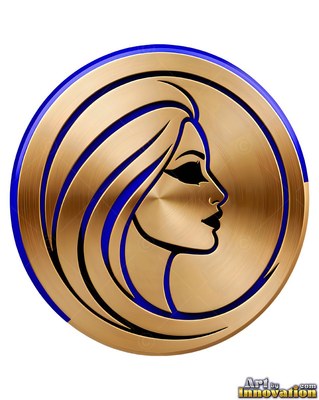 Woman's side profile on a round copper medallion edged with blue lines