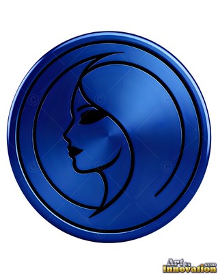 A round blue metal medal with a woman's profile cut into it in black lines