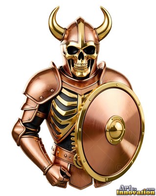 Holding a round bronze shield, a horned skeleton warrior wears polished armor
