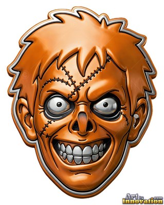 Orange metal monster badge with stitched scars grinning widely