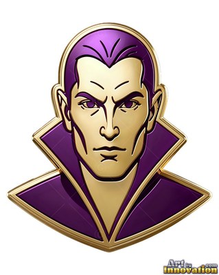 High purple collar framing a gold metal vampire emblem on a clear background