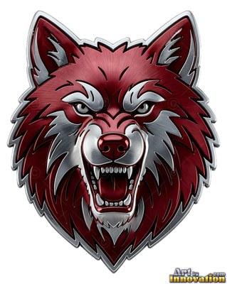 A wolf head snarls forward with brushed crimson fur and polished silver trim