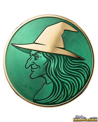 Profile view of a witch in a gold hat on a round green metal badge
