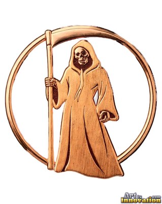 A copper badge of the grim reaper in a hooded robe holding a scythe inside a circle