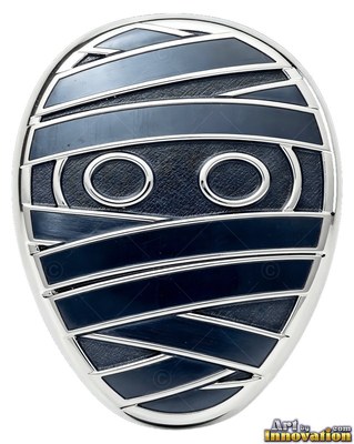 On a white background, a silver metal mummy badge with wrapped bandages