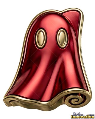 Floating forward, a shiny red ghost badge has gold rims and oval eyes