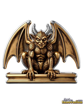 Gold gargoyle emblem crouching on a ledge with wings spread