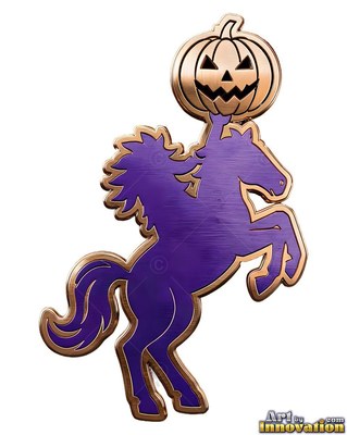Holding a carved pumpkin aloft, a purple metal headless horseman rears up on a plain field
