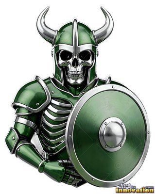 A skeleton warrior holds a round shield while polished green armor reflects bright white light