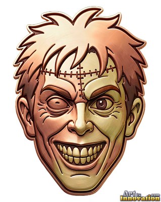 Turned toward the front against a white backdrop, a metal monster badge grins widely
