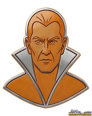 A copper vampire badge with slicked hair and a high silver collar