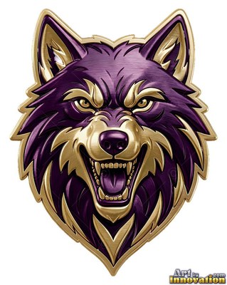 On a plain solid white field, a snarling werewolf emblem gleams in purple and gold metal