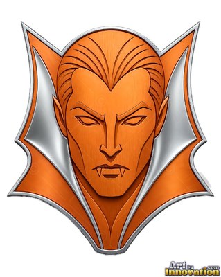 Staring forward, an orange metal vampire emblem bares small fangs above a high silver collar
