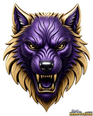 Metal snarling wolf head badge in purple and gold