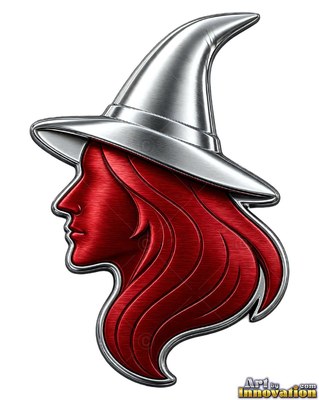 Pointed silver hat sits on a red witch emblem facing left in pure white space