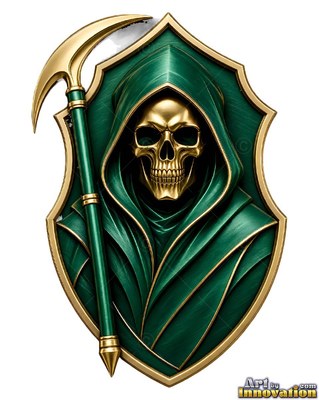 A hooded grim reaper grips a scythe on a crest, finished in dark green with shiny gold trim
