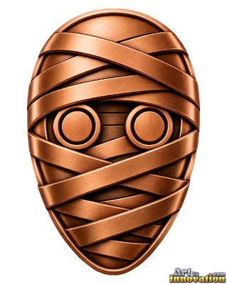 Turned toward the front against white, a brushed copper mummy mask with round eyes
