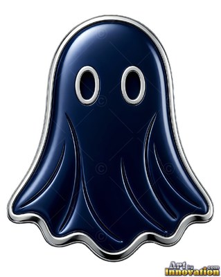 A dark blue enamel ghost emblem with silver trim and hollow oval eyes