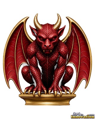 On a gold pedestal, a red gargoyle crouches with spread wings
