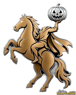 Rearing on a bronze horse, the headless horseman holds up a silver pumpkin head