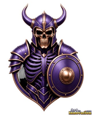 Skeleton warrior in purple horned armor holding a small round shield
