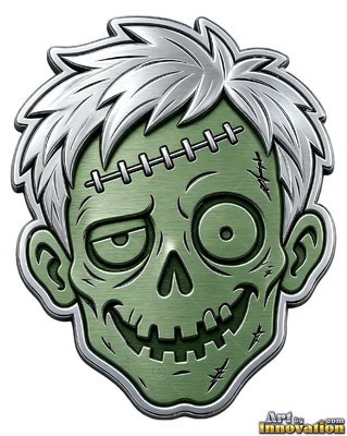 Stitches cross the forehead of a green Frankenstein monster badge on plain white