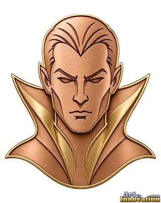 A metal vampire emblem glares forward above a high collar in warm bronze tones