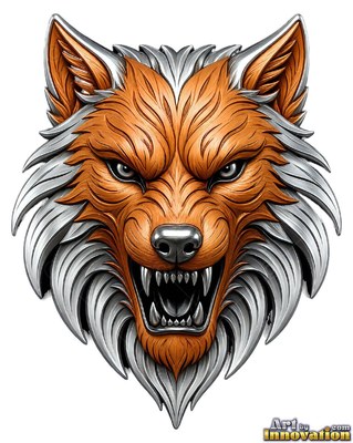 Facing forward on a solid white field, an orange and silver metal wolf bares its fangs