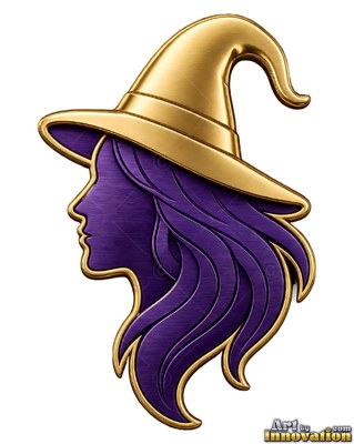 A metallic witch emblem with long purple hair and a pointed gold hat